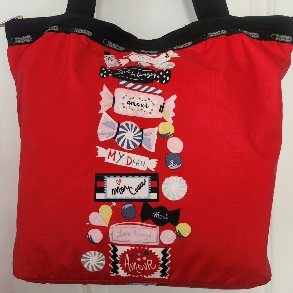 LeSportsac Limited Edition Sweet Candy Hailey Tote Red Nylon Bag Large Zip Top
